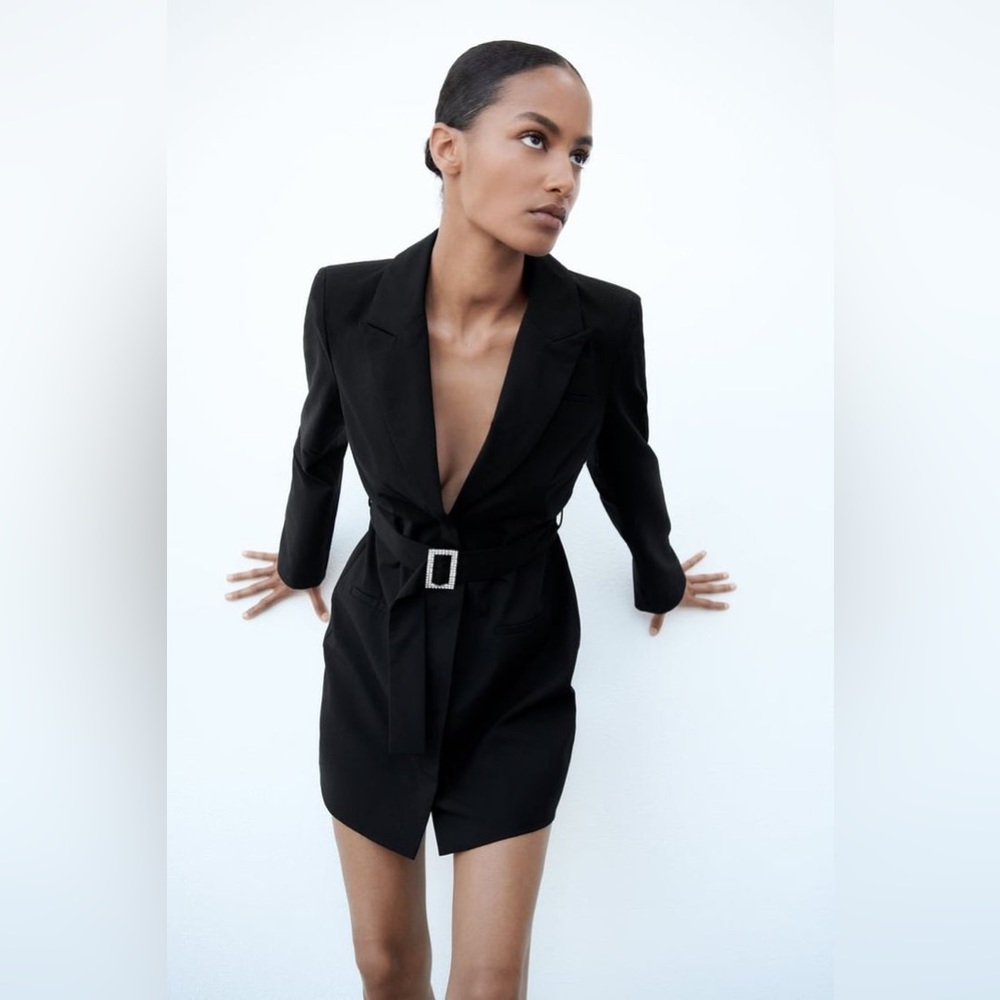 New Zara Belted Blazer Black Dress 8342/340 Small Medium Bloggers Fav - Picture 4 of 11